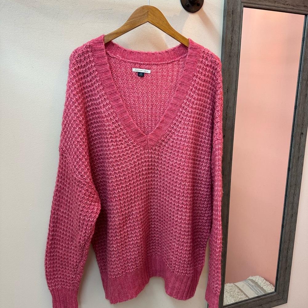 American Eagle Outfitters Deep Pink V-Neck Sweater